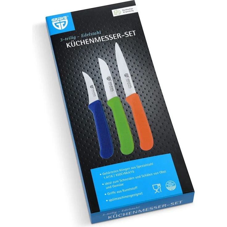 Küchenmesser-Set 3 tlg, Edelstahl, bunte Griffe – Bild 3