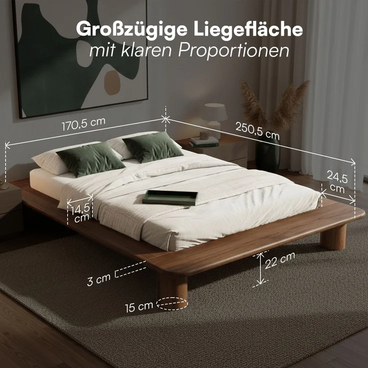 skølm 'Vestri' Futonbett 140x200 cm, Bettgestell aus Eiche Massivholz, Walnuss Optik lackiert, Massivholzbett 25 cm hoch, geeignet als Doppelbett – Bild 6