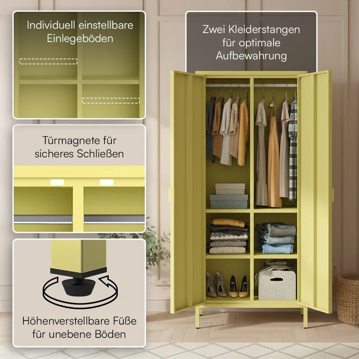 skølm 'Ituri' Kleiderschrank, Metall, 170x45x80 cm, gelb, Garderobe mit 4 Fächern und 2 Kleiderstangen – Bild 3