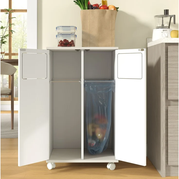 Mülltrennschrank 46,7 x 35 x 80,3 cm in Hochglanz-Weiß mit 2 Fächern und feststellbaren Rollen – Bild 2