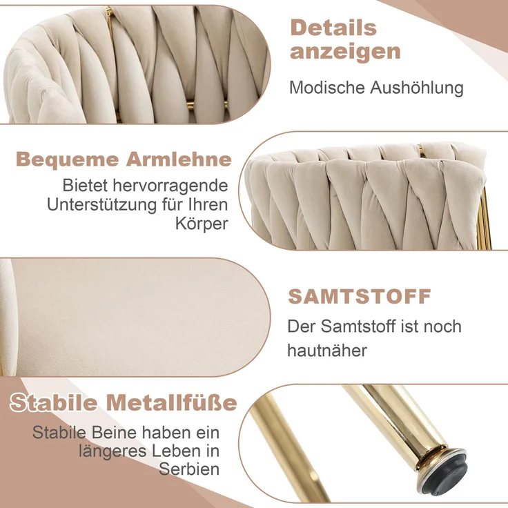 Elegantes 2er-Set Samt-Esszimmerstühle mit goldenen Metallbeinen und handgewebtem Design in Ivory – Bild 8