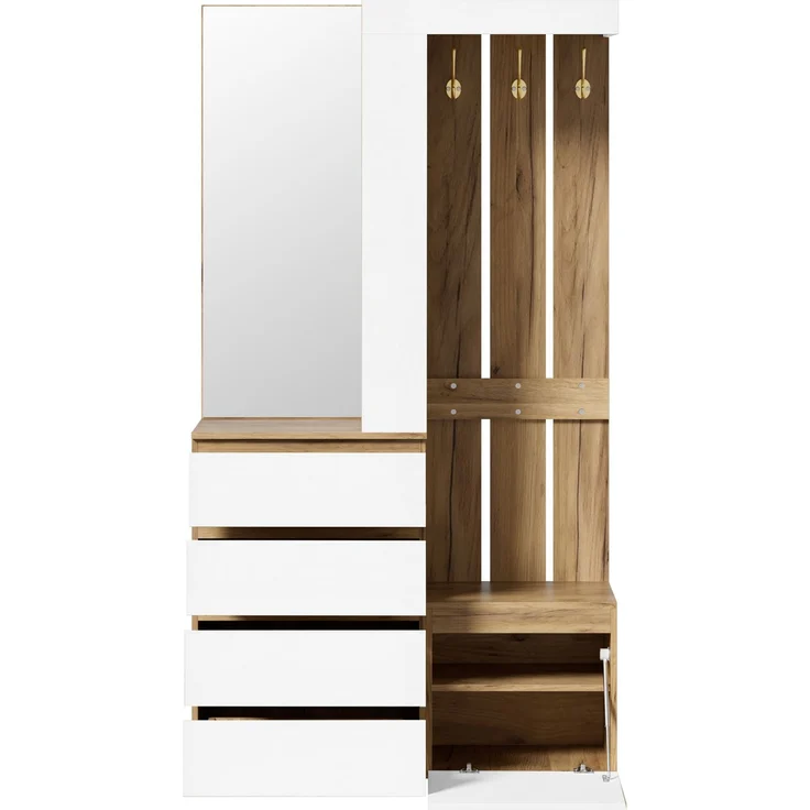Garderoben-Set 100x35x180 cm mit Spiegel, 4 Schubladen, Tür und Haken – Bild 10