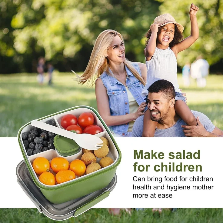 Lunchbox Auslaufsichere Bento 3 Fächer Salatbehälter 1500 ML Armeegrün – Bild 5