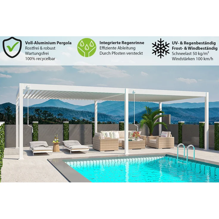 Weide Deluxe Plus | Pergola Voll Aluminium freistehend | 4 x 8 M | Lamellendach weiß – Bild 4