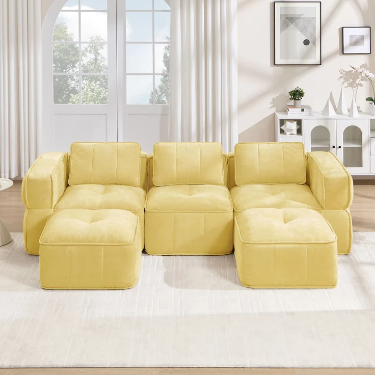 EINHOM 3-Sitzer U-förmiges Modulsofa mit 2 Hockern, ohne Gestell, 32D-Hochdichteschaum, tiefe Sitzfläche, hautfreundlicher, weicher Stoff, ideal für Wohnzimmer, keine Montage erforderlich, Gelb – Bild 1