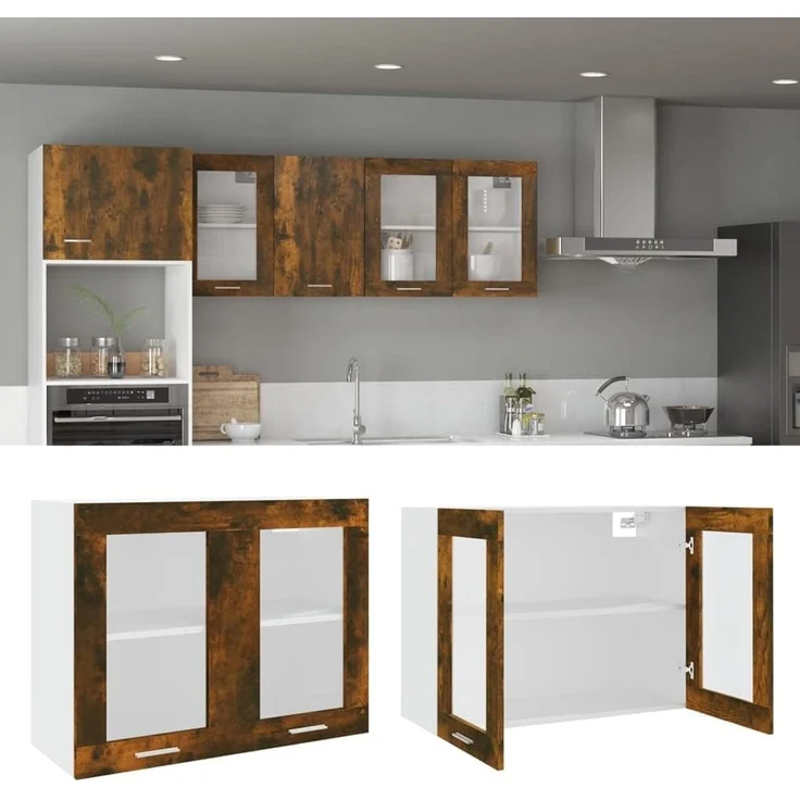vidaXL Hängeschrank Glas, Wandschrank für Küche, Küchenschrank Wandmontage mit viel Stauraum, Schwebeschrank Schrank Küchenmöbel, Räuchereiche Holzwerkstoff – Bild 4