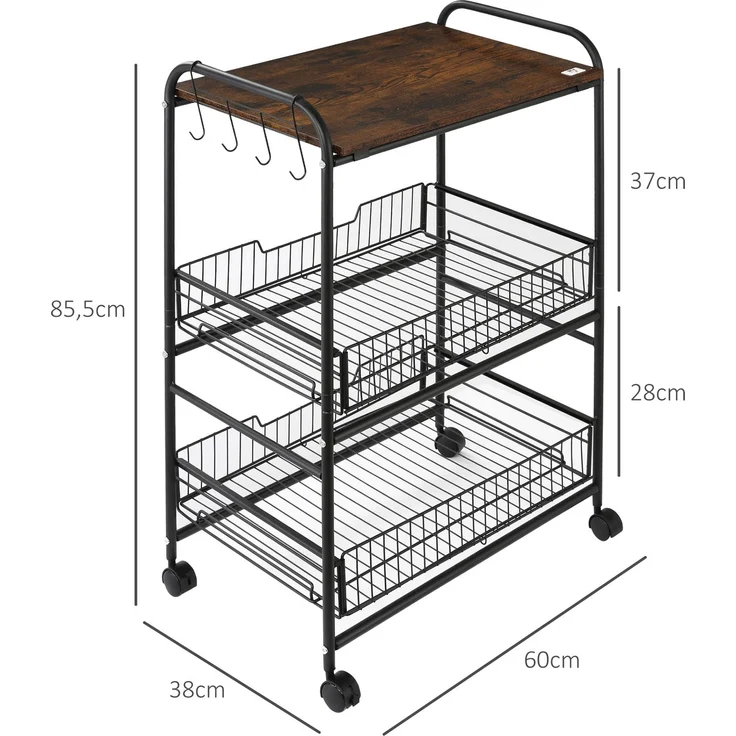 MELAYR, Hilfswagen mit 3 ebenen Rädern, Küchenwagen mit 2 Körben und 4 Haken, 60 x 38 x 85,5 cm, Rustikalbraun – Bild 5