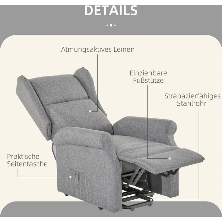 HOMCOM Relaxsessel mit Aufstehhilfe elektrisch Liegefunktion (Set, 1-St, 1), Elektrische Aufstehhilfe, 135° Liegefunktion – Bild 3