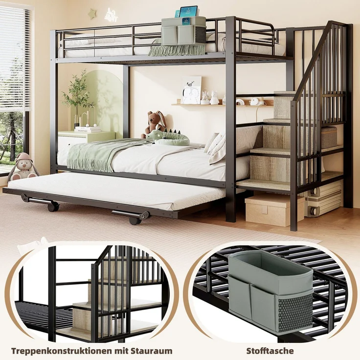 Etagenbett, 90x200cm/180x200cm, untere Liegefläche erweiterbar, Treppe mit Regal, Kinderbett mit Rausfallschutz, Metallbett – Bild 4