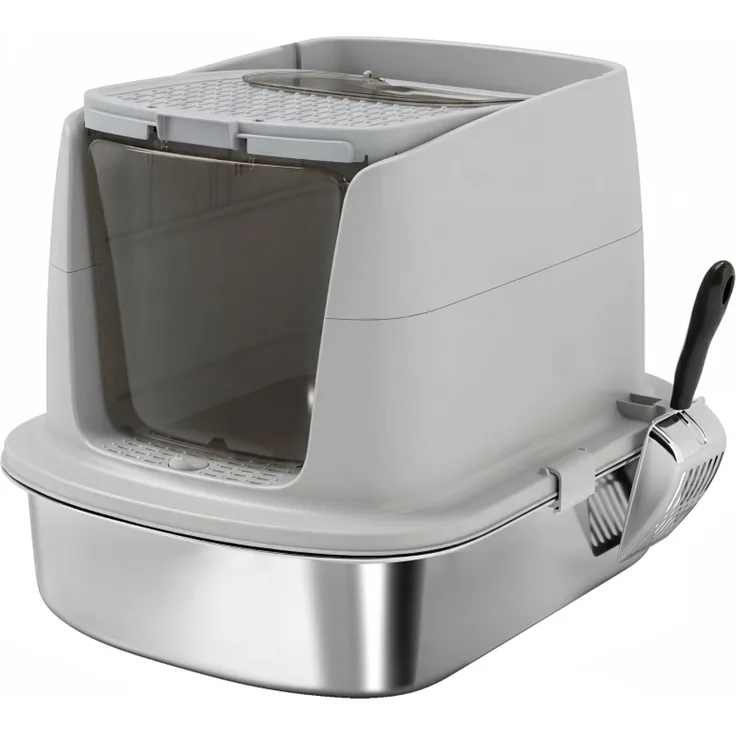 Katzentoilette 52,4 x 41,3 x 39,8 cm aus Edelstahl – geschlossen oder halboffen, mit Schaufel
