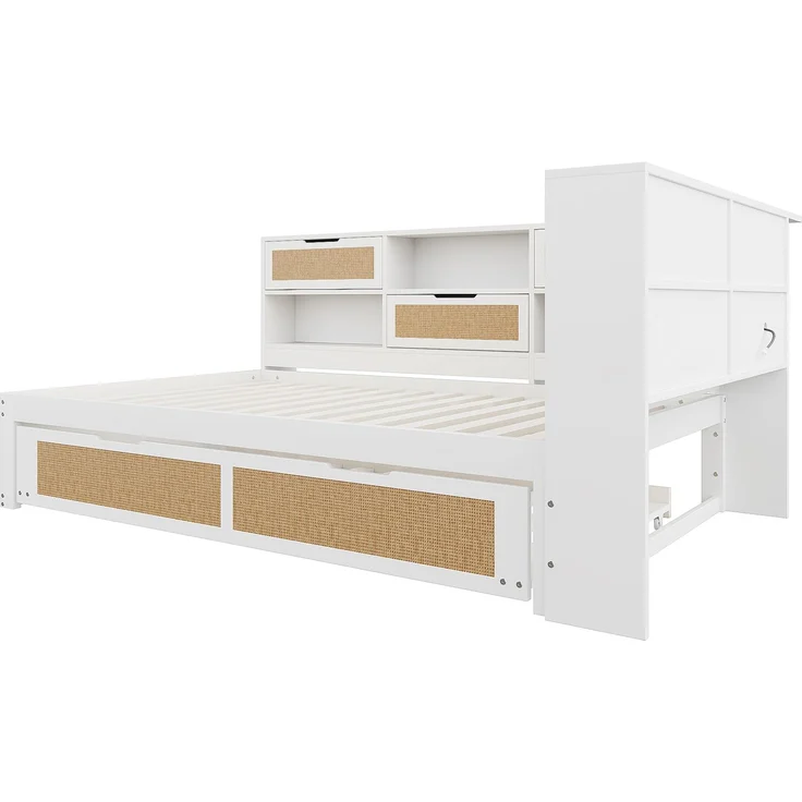 Multifunktionales Massivholz-Schlafsofa mit Ausziehbett 140x200 cm, Stauraum & USB-Anschlüssen, Gäste- & Tagesbett, Weiß – Bild 7