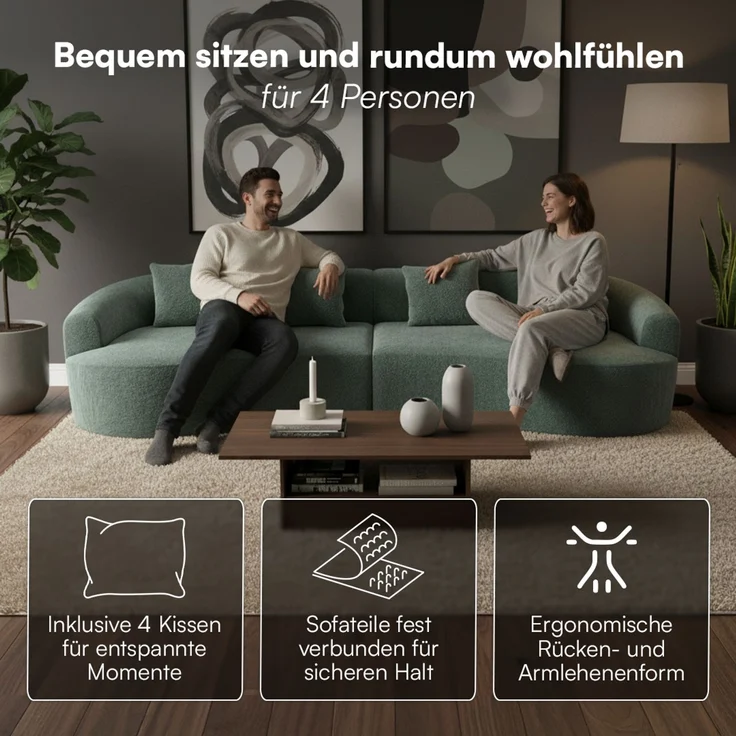 skølm 'Loki' Sofa 4 Sitzer, Vollschaumcouch mit Federkern und Vakuum-Kompression, kein Aufbau erforderlich, mit 4 Kissen, Teddy-Bouclé Stoff dunkelgrün – Bild 3
