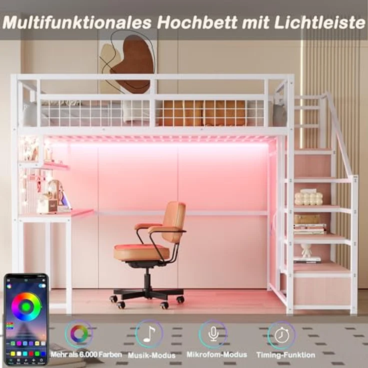 Ball & Cast Loft Bed (140x200 cm) mit Aufbewahrungsleiter und Einfachem Kleiderschrank, Metal Hochbett mit Tisch + Netzregal, Stabil & Rauschlos, Weiß – Bild 6