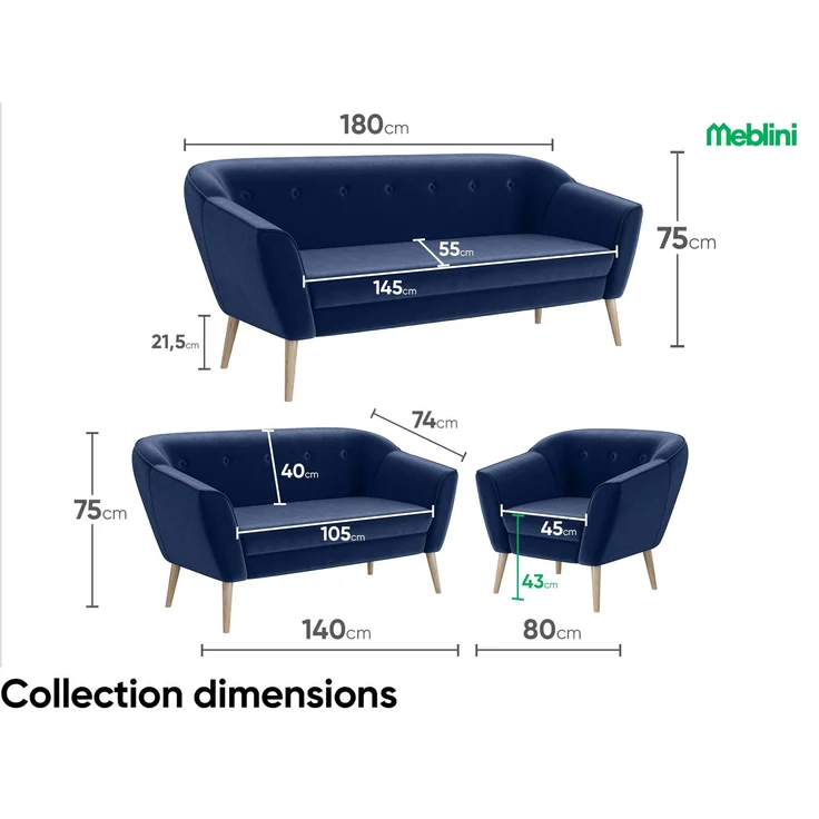 MEBLINI Mini Sofa Set 2-1-1 für Wohnzimmer - Mini Lounge für vier Personen - Küchensofa - Sofa Klein - Sitzgarnitur - Polstergarnitur - Sofagarnituren - DORIS - 2+1+1 - Blau Samt – Bild 7