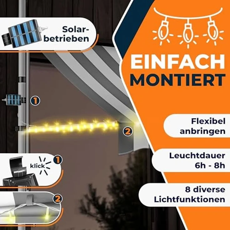 KESSER® Klemmmarkise mit Handkurbel & LED Lichterkette | Balkonmarkise ohne Bohren | Markise UV-beständig höhenverstellbar & wasserabweisend | Sonnenschutz für Balkon Terrasse & Garten Weiß / Grau, 350cm – Bild 7