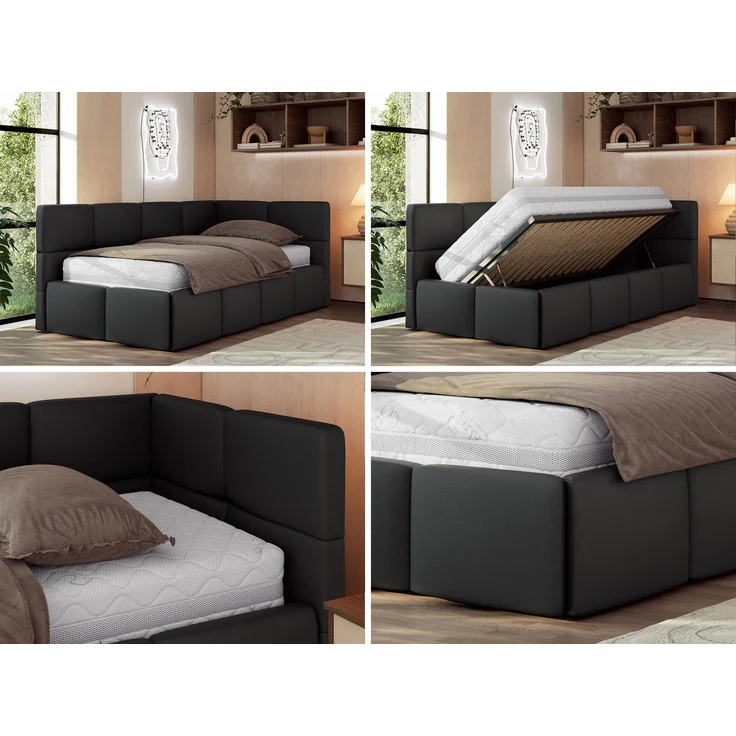 Jugendbett 90x200 ARVO Polsterbett mit Bettkasten, Stauraum & Gasdruckfeder, Modernes Design mit Kopfteil, Foam Matratze - Schwarz Kunstleder - MIRO LUX - Rechts Seite – Bild 2