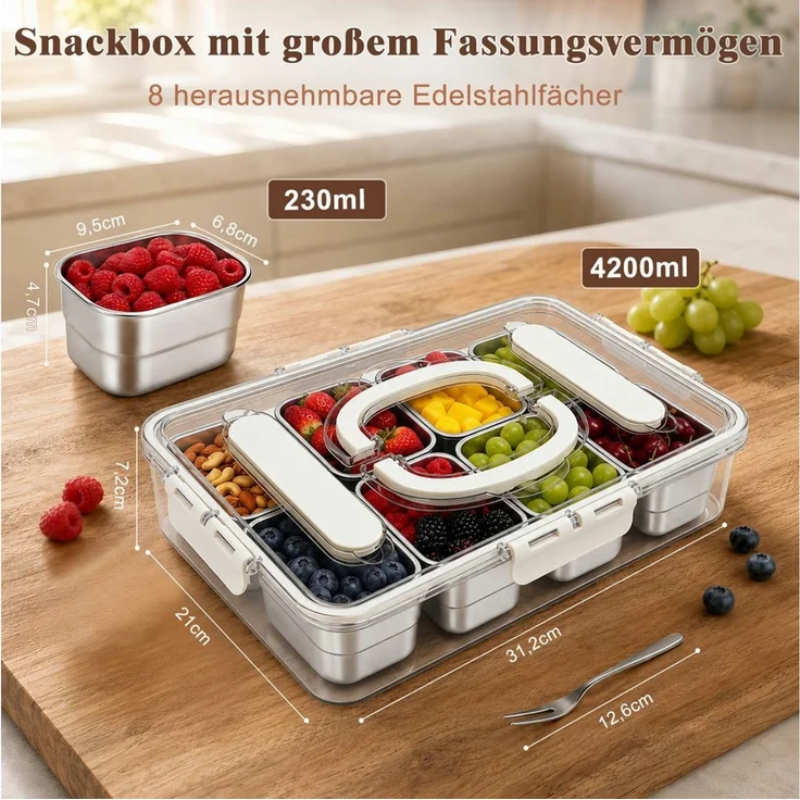 OSTWOLKE Frischhaltedose Snackbox mit 8 Fächern aus Edelstahl, Snackschale mit Deckel und Griff, Edelstahl 304 + PP, Snackbox für Obst, Gemüse, Kekse, Nüsse, Snackdose für Picknick Party – Bild 2