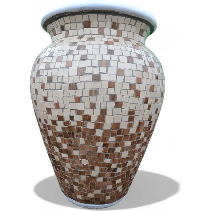 Pflanzgefäß Freya – Quadratischen Mosaikdesign Braun – Ø 55 cm, Höhe 90 cm – Handgefertigt aus Beton & Keramik-Mosaik