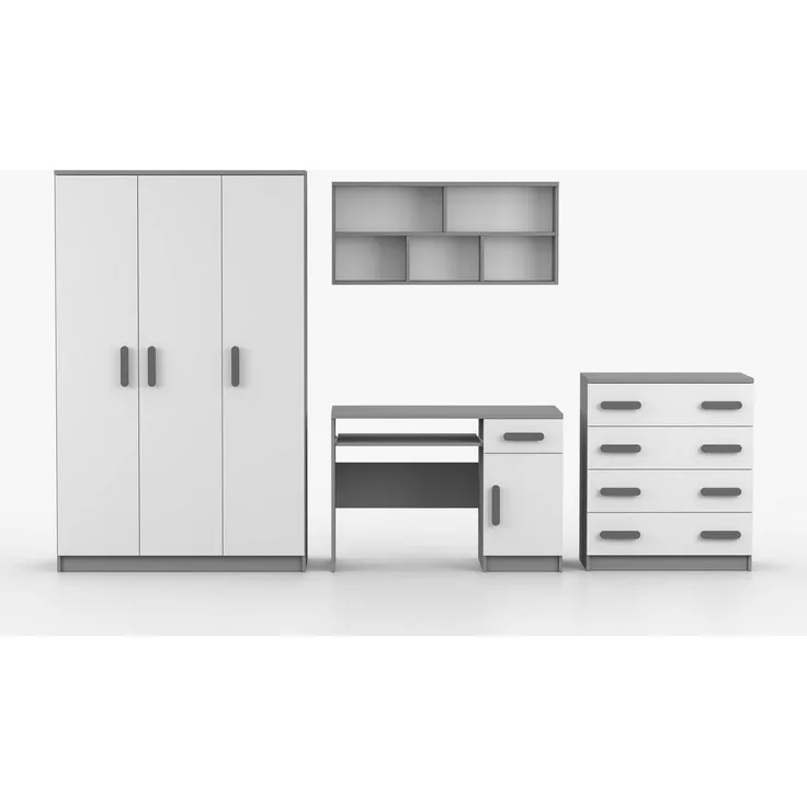 Deine Möbel 24 Jugendzimmer-Set INGE B Kinderzimmer Set Möbel für Kinder & Jugendliche, (Set (19 + 8 + 9 + 2), 3-tlg, in Weiß Dunkelgrau Eiche Sonoma), inkl. Kleiderschrank, Schreibtisch, Kommode & Wandregal