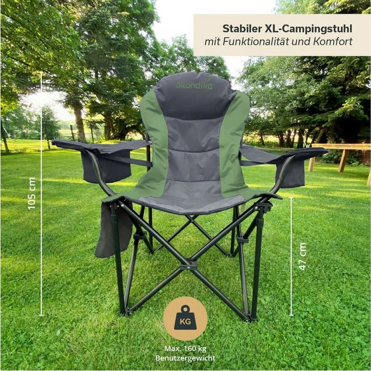 Skandika Campingstuhl Relax Comfort, Klappstuhl, Faltsessel, Anglerstuhl, Gartenstuhl (Max. Nutzergewicht 160 kg, Reißverschlussfach im Kopfteil, Tragetasche), Getränkehalter, Kühlfach, Seitentasche, Polsterfach, breite Sitzfläche – Bild 2