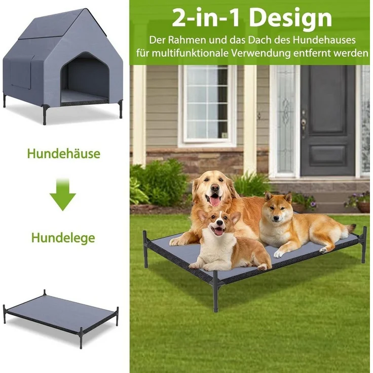 FIVMEN Hundebett mit Baldachin Hundeliege Hundehütte im Hausform, Oxford-Material Stahlrahmen Hundekäfig S/M/L – Bild 3