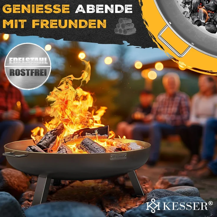 KESSER® Feuerschale mit 2,5 mm Stahldicke Feuerkorb aus Edelstahl / Stahl inklusive 42cm Feuerhaken aus Gusseisen, Wasserablauf & 2 stabile Griffe für Holz & Kohle Feuerstelle für Garten & Terrasse Ø 80 cm, Edelstahl – Bild 9