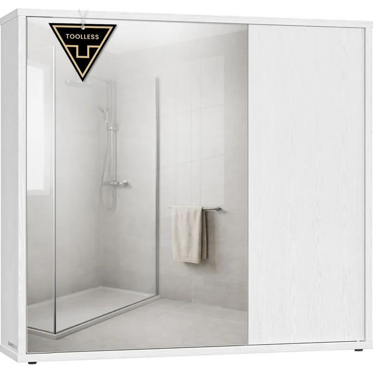 SONGMICS HOME Spiegelschrank, Badezimmerschrank, superschnelle werkzeuglose Montage, Toolless-Technologie, Badspiegel, verstellbare Ablagen, modern, 15 x 60 x 55 cm, schneeweiß BBC114WE01