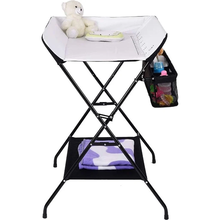 mobiler Wickeltisch mit Wickelaufsatz, Wickelkommode klappbar höhenverstellbar, Wickelkombi mit Sicherheitsgurt Aufbewahrungskorb Kleiderstange-79 * 55,5 * 96cm (schwarz und weiß) – Bild 1