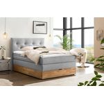 Belanoti MARBO Boxspringbett 140x200 mit Bettkasten 7-Zonen Taschenfederkern Matratze inklusive Visco Topper Bett 140x200 Eiche in der Farbe Hellgrau H2/H3 Polsterbett mit Massivholz Eiche