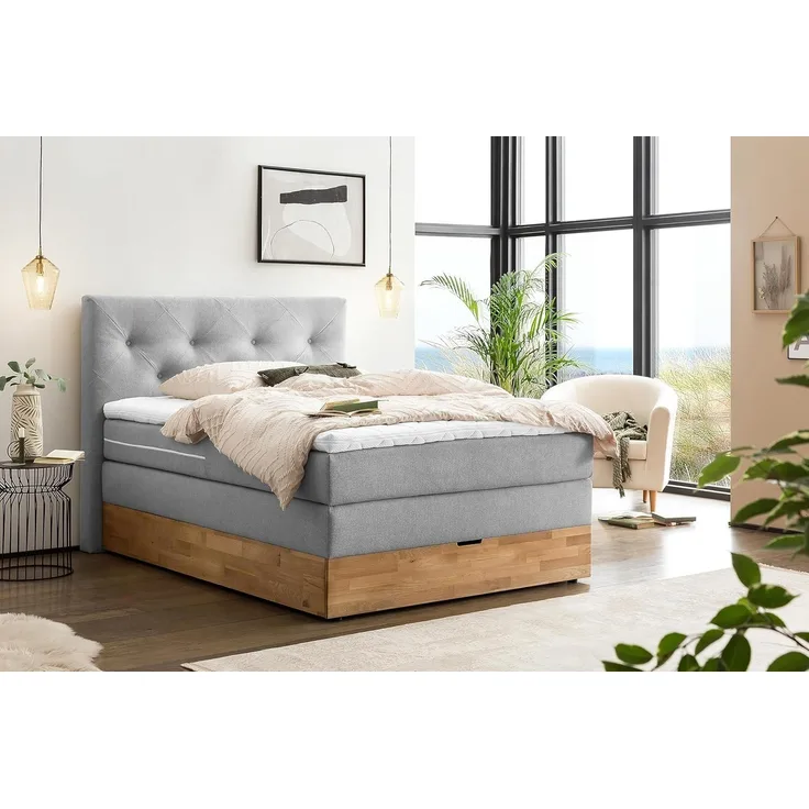 Belanoti MARBO Boxspringbett 140x200 mit Bettkasten 7-Zonen Taschenfederkern Matratze inklusive Visco Topper Bett 140x200 Eiche in der Farbe Hellgrau H2/H3 Polsterbett mit Massivholz Eiche