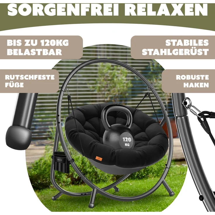 KESSER® 'BALI' Hängesessel, mit Gestell, bis 150kg, für Indoor und Outdoor + Kissen & Seitentasche, Stahlgestell/Schaumstoff Schwarz, 167,5 x 140 x 115,5 cm – Bild 6
