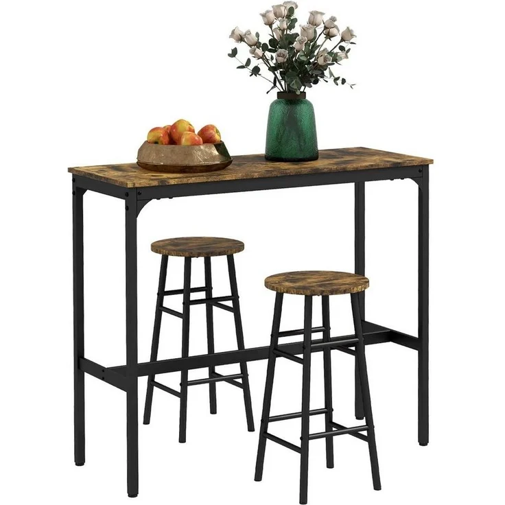 HOMCOM Bargruppe Bartisch-Set, 3tlg. Bartisch mit Barhocker Set, (Tischgruppe, 3-tlg, Essgruppe), Rustikal-Braun MDF Stahl – Bild 1