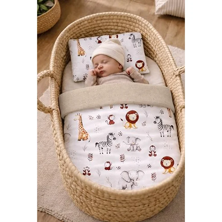 Babynest Nestchen Baby Set für Neugeborene – 5-teilig – Kuschelnest aus 100% Baumwolle & Waffelpique – Babykokon tragbar – für Babybett, Kinderbett & Kinderwagen – OEKO-TEX - ZOO und Sand – Bild 5