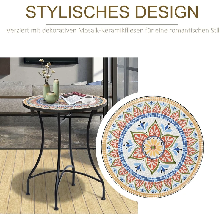 Gartentisch Mosaiktisch rund Bistrotisch Beistelltisch mit Mosaikplatte Keramik Metall Rot+Blau+Weiß Ø60 cm--Netz--60x60x71cm--YOUDENOVA – Bild 4