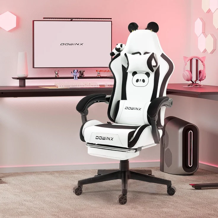 Dowinx Gaming Stuhl - Süße Panda Edition - Ergonomischer Computerstuhl mit Hoher Rückenlehne und Lendenwirbelstütze, PU-Leder, Fußstütze, Panda – Bild 2