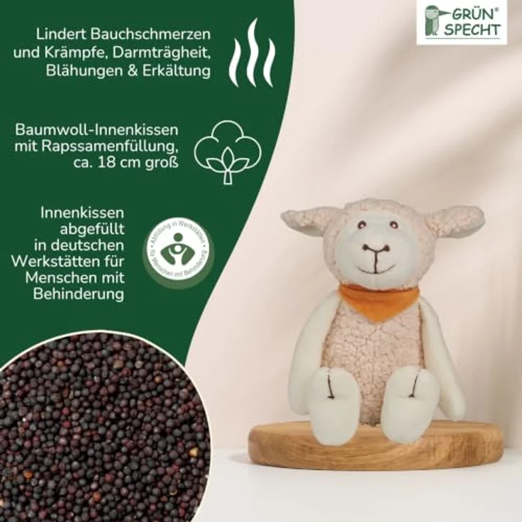 GRÜNSPECHT Wärme-Kuscheltier, Innenkissen mit Rapssamenfüllung, Schaf Baby | Medizinprodukt: Innenkissen aus 100% Baumwolle, für Mikrowelle & Backofen, Bezug waschbar - bei Bauchschmerzen – Bild 2