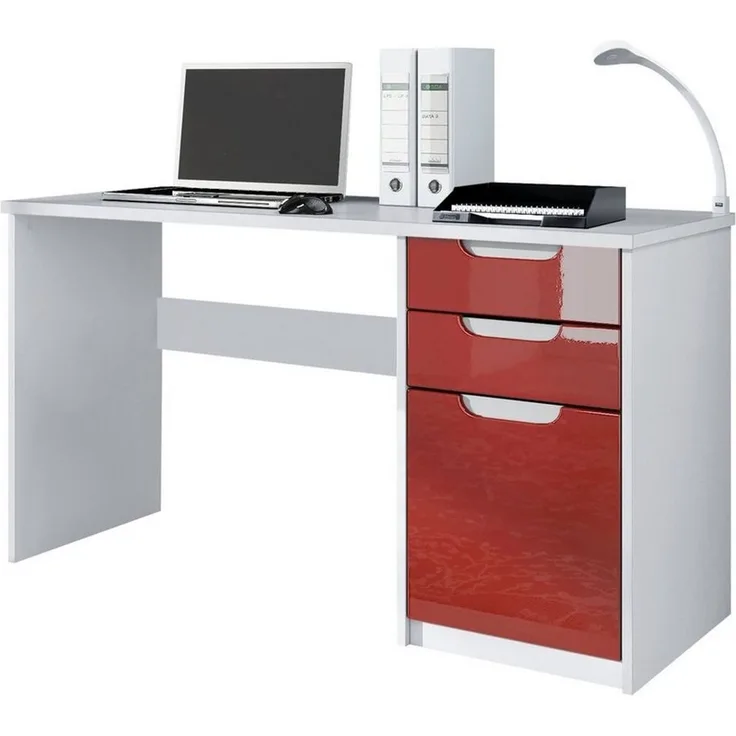 Vladon Schreibtisch Logan, Bürotisch mit 2 Schubladen und 1 Tür, Weiß matt/Bordeaux Hochglanz (129 x 76 x 60 cm)