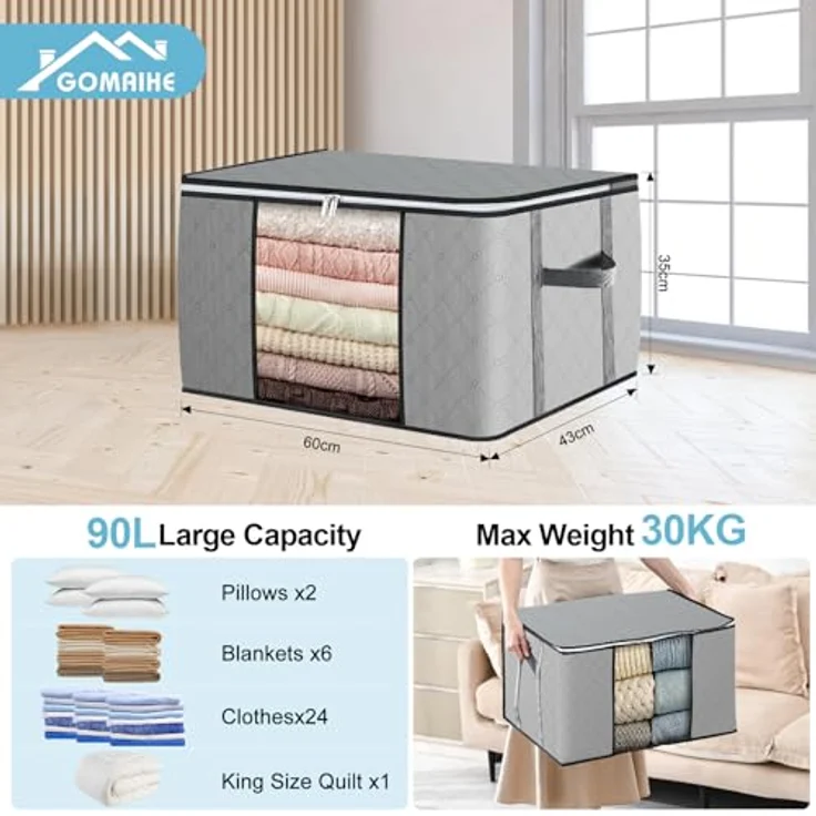 GoMaihe 90L Aufbewahrungstasche 10 Stück, Aufbewahrungsbox mit Deckel Groß Verstärkte Griffe, Kleidung Umzugskartons für Bettdecken, Unterbett Aufbewahrung Kleiderschrank Boxen Organizer Grau – Bild 3
