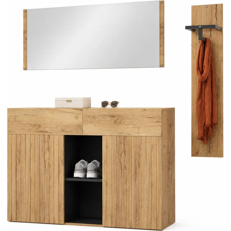 DESVIAE Garderobenschrank-Set 3-tlg. Natural/Schwarz aus MDF/Spanplatte – 125x178x35 cm – Spiegel, Schubladen – Bild 7