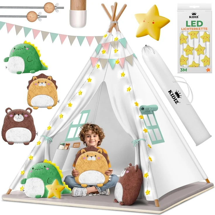 KIDIZ® Tipi Zelt für Kinder Spielzelt 100 x 100 x 160 cm Kinderzelt aus Baumwolle mit LED-Lichterkette, Leuchtstern, Fahnengirlande, 3 Plüschtiere, Untermatte & Tragetasche Spielhaus für drinnen & draußen Weiß