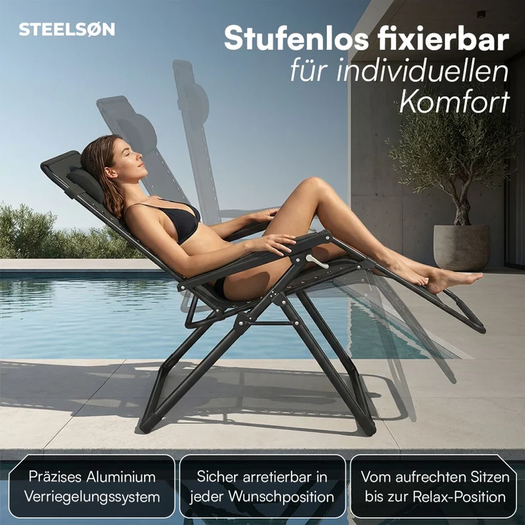 STEELSØN 'Lysira' Liegestuhl, klappbar & wetterfest, schwarz, Sonnenliege mit extra dicker Polsterauflage, verstellbarer Gartenstuhl, bis 200 kg belastbar – Bild 5