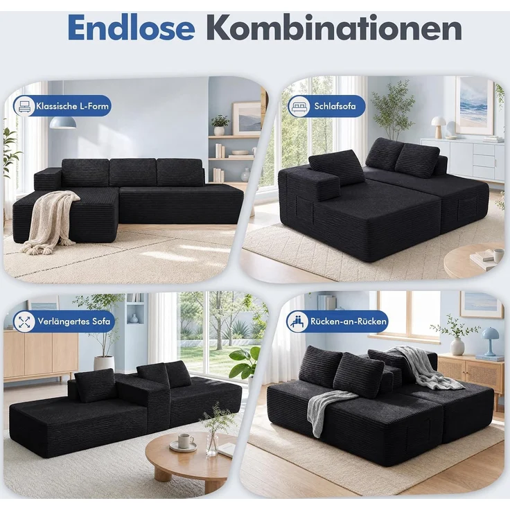 COMHOMA Ecksofa mit Schlaffunktion, 228cm Corduroy Modulares Boneless Couch mit Chaiselongue & Rücken-Metallgestell, L-Form Schlafsofa mit offenem Design, Kissen & Seitentaschen,für Wohnzimmer,Schwarz-R – Bild 6