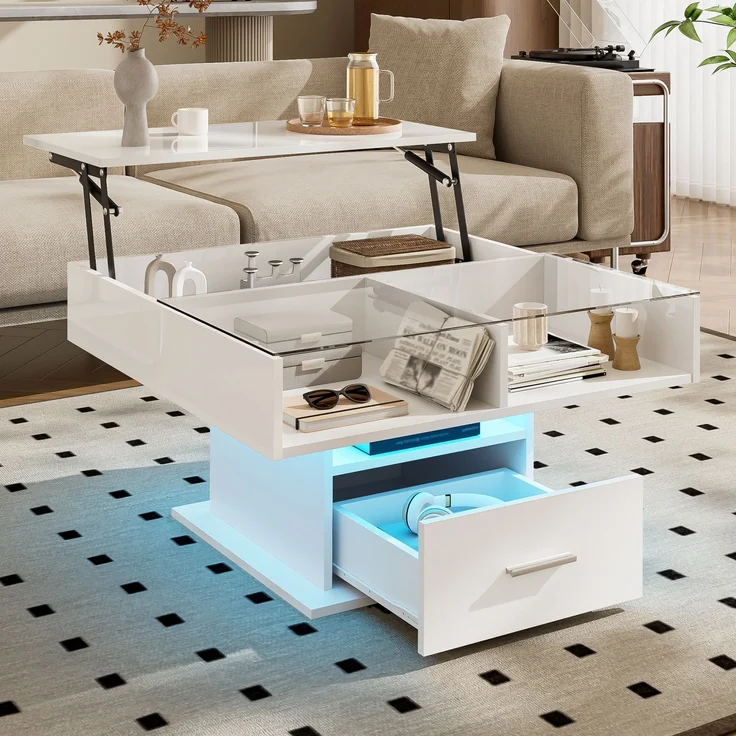 Lift-Couchtisch Weiß Hochglanz 78x78 cm höhenverstellbarer Tisch mit LED-Beleuchtung, Schublade und Ablagefach – Bild 8