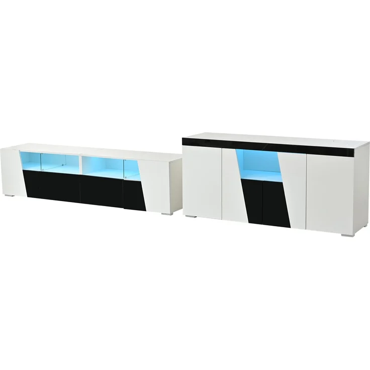 DESVIAE TV-Schrank-Set mit LED-Beleuchtung, 180x38,5x45 cm und 140x65x40 cm, MDF/Spanplatte, Schwarz-Weiß – Bild 7