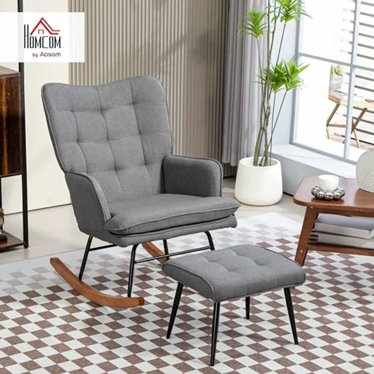 HOMCOM Schaukelsessel mit Hocker, Relaxsessel mit Leinenoptik (Armlehnsessel, 2-St, Schwingsessel), für Wohnzimmer, Schlafzimmer, Schwarz+Dunkelgrau – Bild 3