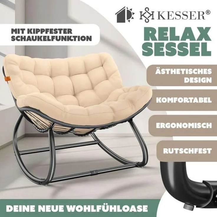 KESSER® 'XXL Chillexer' Schaukelstuhl mit Rutschfesten Füßen, für drinnen & draußen, Witterungsbeständig, Stahl / Polyester beige, 100 x 100 x 85 cm – Bild 3