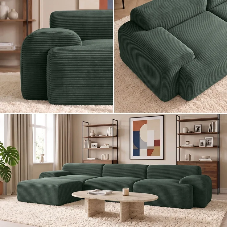 skølm 'Menja' Sofa 3-tlg mit Hocker, 3er Sitz mit 3 Kissen, Cord dunkelgrün, Vollschaumcouch mit Federkern und Vakuum-Kompression, kein Aufbau erforderlich – Bild 5