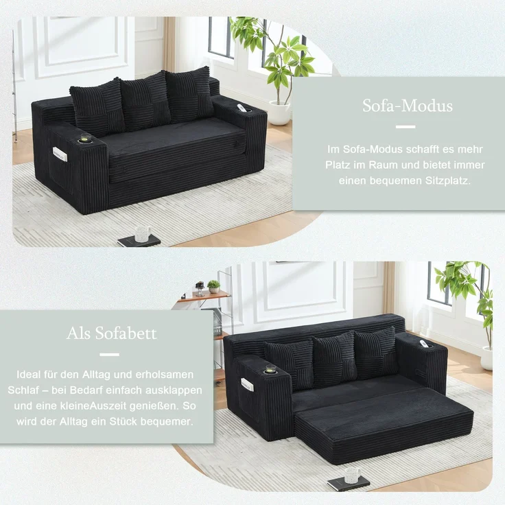 EINHOM Dreier-Sofa aus Baumwoll- und Leinenstoff, mit Getränkehalter und seitlichen Taschen, kann in drei Sitzplätze umgewandelt werden, rahmenloser Design mit gestrickten Kissen und Rückenlehne, großes Sitz – Bild 3