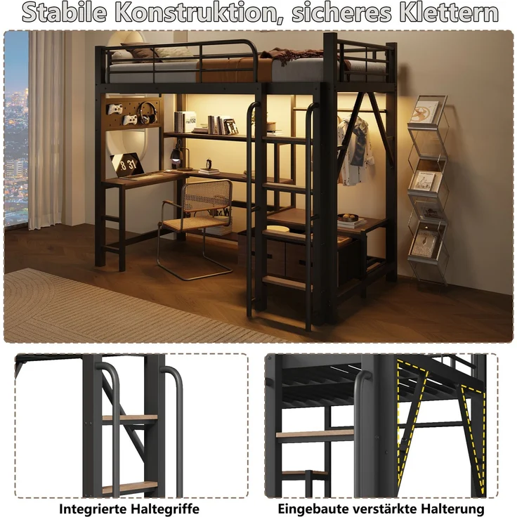 Hochbett 90x200 cm mit Schreibtisch, LED-Lichtleiste, USB-Anschluss und Stauraum, Schwarz – Ohne Matratze – Bild 7