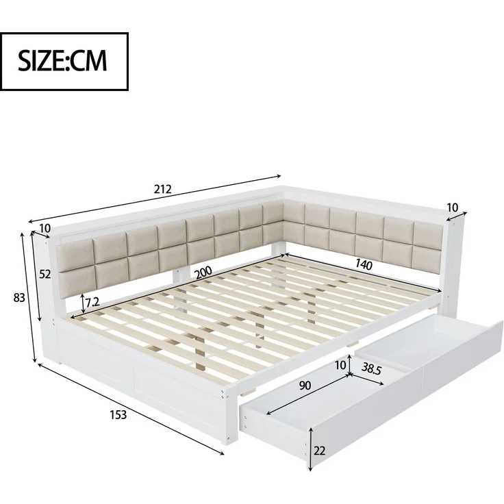 Sofa-Holzbett, 140 x 200, multifunktionales Bett mit weicher Rückenlehne, großer Stauraumschublade, Einzelbett, Jugendbett, Holzbett aus Kiefernholz, Holz, Weiß, 140 x 200 cm – Bild 4
